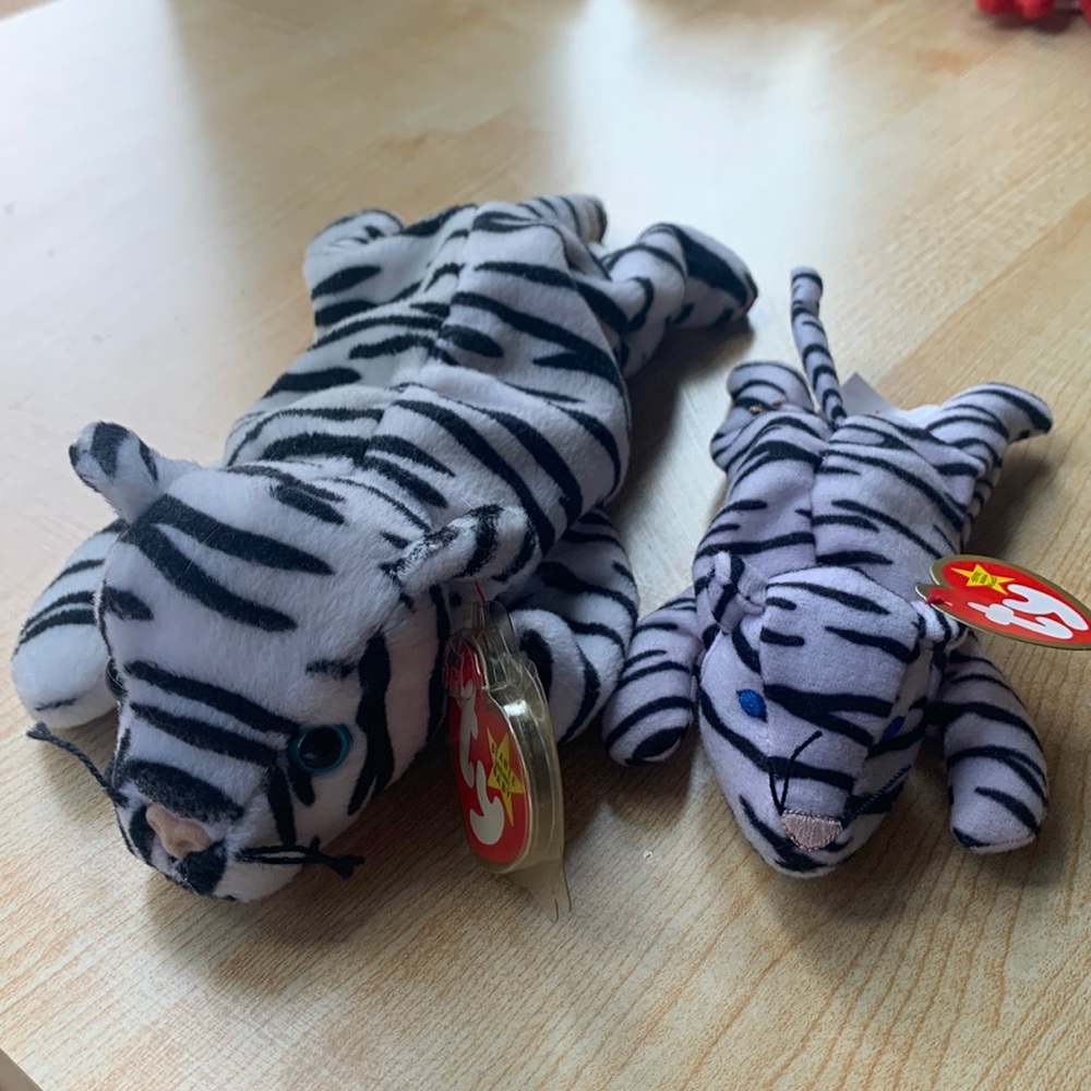 TY Beanie Baby White Tiger "Blizzard" & Teenie Beanie Baby White Tiger "Blizz"